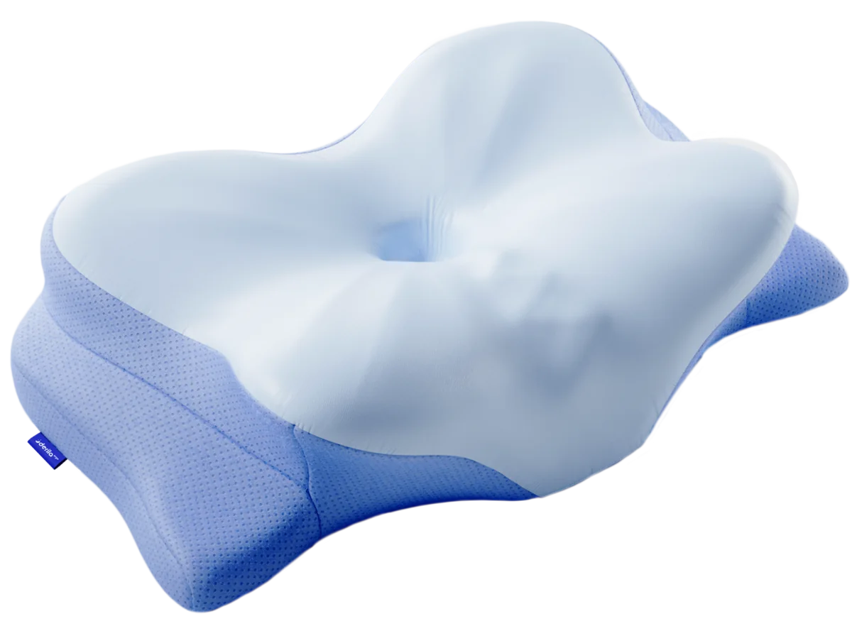 Close-up of the white butterfly-shaped pillow with its blue textured underside